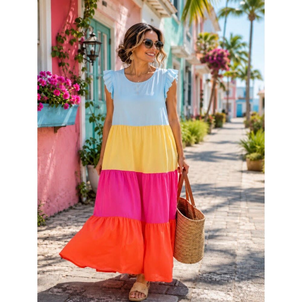 Margaux Riviera Women M Colorblock Tiered Midi Dress Flutter Sleeve Boho Summer